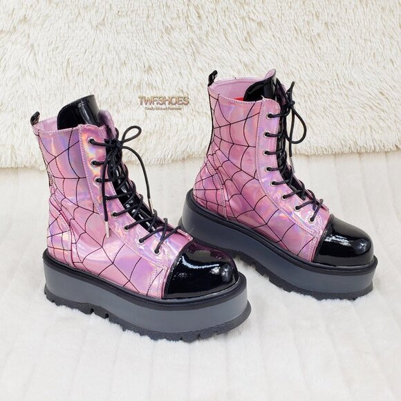 Pink Hologram Platform Spider Web Ankle Boots Punk Rave Festival Slacker - Picture 11 of 12